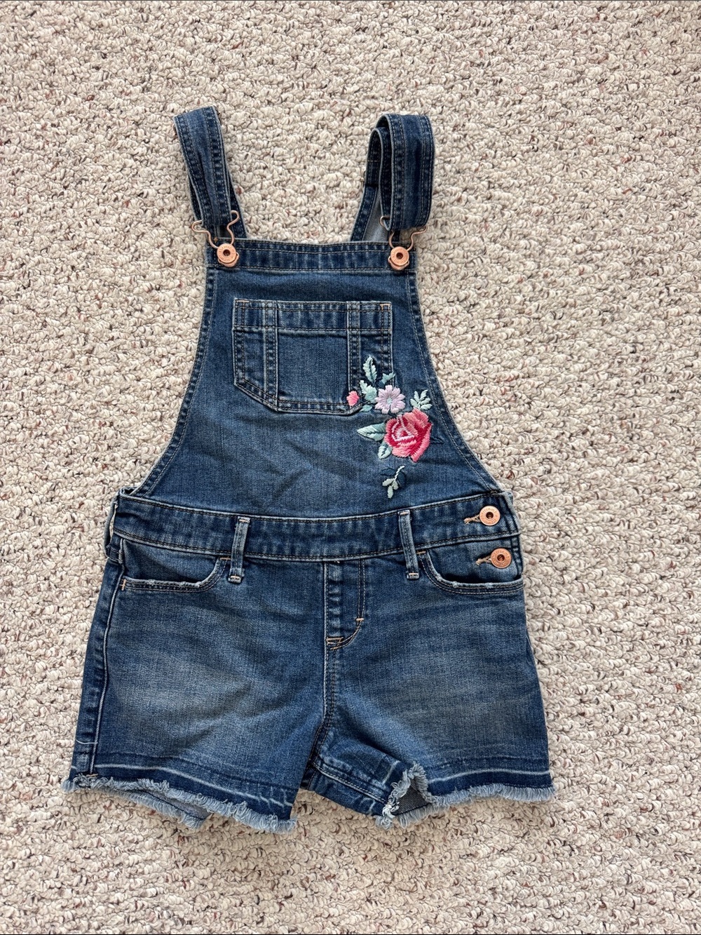 abercrombie kids Dark Blue Denim Floral-Embroidered Short Overalls